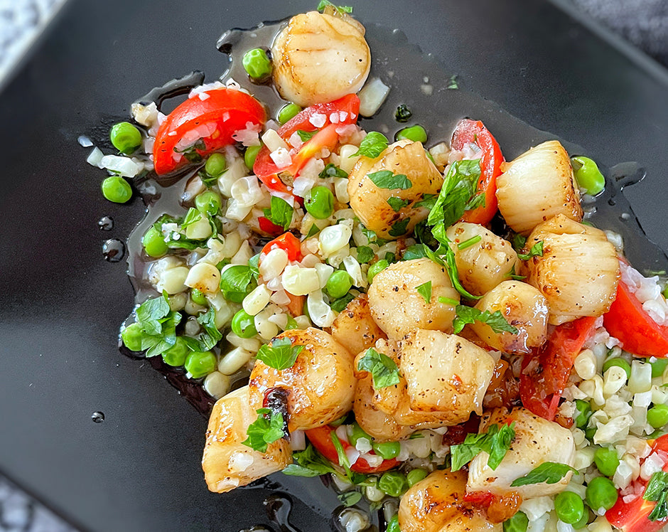 Pan Seared Scallops with a Hot Peach and Honey Sesame Glaze